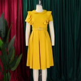 Short Sleeve Solid Color Ruffles Midi Dress GATE-D583