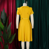 Short Sleeve Solid Color Ruffles Midi Dress GATE-D583