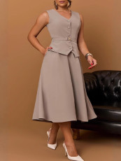Solid Color Sleeveless Vest Long Skirt Suit MK-3216