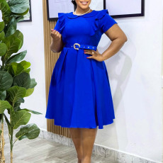 Short Sleeve Solid Color Ruffles Midi Dress GATE-D583