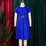 Short Sleeve Solid Color Ruffles Midi Dress GATE-D583