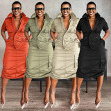 Plus Size Multi-pockets Drawstring Midi Dress NY-3320