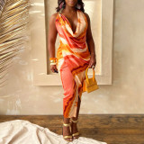 Tie Dye Print Backless Silk Satin Midi Dress YF-20157