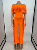Short Sleeve Tassel Solid Color Two Piece Pants Set OY-6509