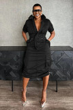 Plus Size Multi-pockets Drawstring Midi Dress NY-3320