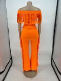 Short Sleeve Tassel Solid Color Two Piece Pants Set OY-6509