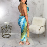 Tie Dye Print Backless Silk Satin Midi Dress YF-20157