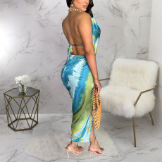Tie Dye Print Backless Silk Satin Midi Dress YF-20157