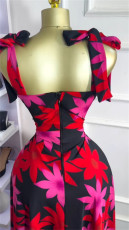 V Neck Print Tie Up Midi Dress GMSF-9248