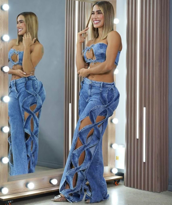 Fashion Denim Wrap Chest Hollow Out Loose Pants Suit GAKF-50324