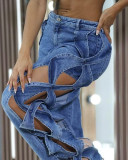 Fashion Denim Wrap Chest Hollow Out Loose Pants Suit GAKF-50324