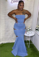 Denim Solid Color Wrap Chest Ruffles Fishtail Dress GAKF-50411