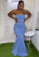 Denim Solid Color Wrap Chest Ruffles Fishtail Dress GAKF-50411