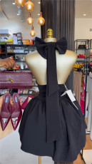 V Neck Halterneck Bow Backless Mini Dress GCNE-9234