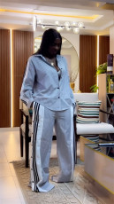 Stripe Long Sleeve Shirt Wide Leg Pants Suit GCNE-72498