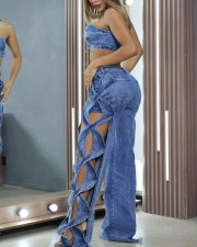 Fashion Denim Wrap Chest Hollow Out Loose Pants Suit GAKF-50324