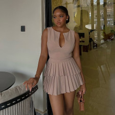 V Neck Sleeveless Pleated Mini Dress GCNE-1368