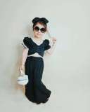 Kids Girls Bubble Sleeve Tie Up Two Piece Pants Set GYAY-8131