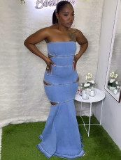Denim Solid Color Wrap Chest Ruffles Fishtail Dress GAKF-50411
