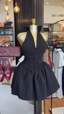 V Neck Halterneck Bow Backless Mini Dress GCNE-9234