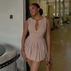 V Neck Sleeveless Pleated Mini Dress GCNE-1368