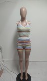 Colorful Stripe Backless Tops Shorts Sweater Suit QXTF-83045