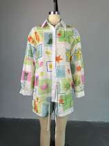 Print Hollow Out Shirt Two Piece Short Set GCNE-72536