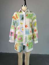 Print Hollow Out Shirt Two Piece Short Set GCNE-72536