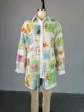 Print Hollow Out Shirt Two Piece Short Set GCNE-72536