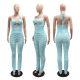 Stripe Halterneck Tie Up Two Piece Pants Set CYA-901870