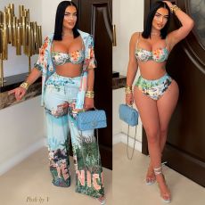 Sexy Print Short Sleeve Wide Leg Pant 4 Piece Set GDIM-2522