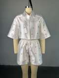 Lapel Bat Sleeve Shirt Two Piece Shorts Set  GCNE-72452