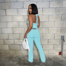 Stripe Halterneck Tie Up Two Piece Pants Set CYA-901870