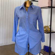 Solid Color Beaded Long Sleeve Shirt Shorts Set GCNE-72464