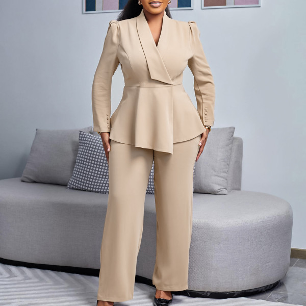 Plus Size Solid Color Long Sleeve Two Piece Pants Set GATE-D549