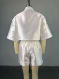 Lapel Bat Sleeve Shirt Two Piece Shorts Set  GCNE-72452
