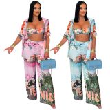 Sexy Print Short Sleeve Wide Leg Pant 4 Piece Set GDIM-2522