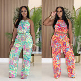 Print Halterneck Vest Wide Leg Pants Suit GTYZ-7562