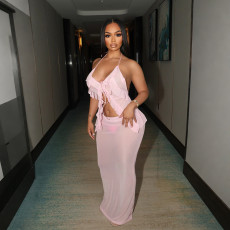 Sexy Tie Up Backless Two Piece Skirt Suit CYA-901892