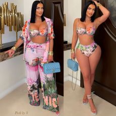 Sexy Print Short Sleeve Wide Leg Pant 4 Piece Set GDIM-2522
