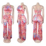 Print Halterneck Vest Wide Leg Pants Suit GTYZ-7562