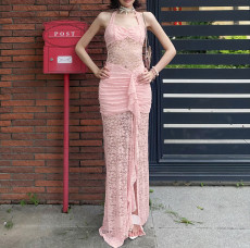 Lace Patchwork Halterneck Tie Up Maxi Dress GZJQ-K25D67982