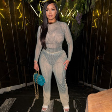 Mesh Long Sleeve Slim Two Piece Pants Set GZJQ-K25S73983