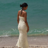 Wave Print Lace-Up Halterneck Maxi Dress GZJQ-K25D71174