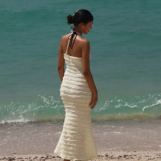 Wave Print Lace-Up Halterneck Maxi Dress GZJQ-K25D71174