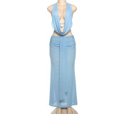 Solid Mesh Sheer Backless Vest Long Skirt Set GZJQ-K25S71891