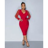 Butterfly Mesh Sleeve Tie Up V-Neck Dress ASL-6798