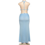 Solid Mesh Sheer Backless Vest Long Skirt Set GZJQ-K25S71891