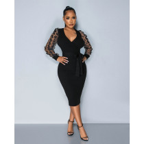Butterfly Mesh Sleeve Tie Up V-Neck Dress ASL-6798