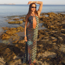 Stripe Halterneck Backless Slim Maxi Dress GZJQ-K25D72634
